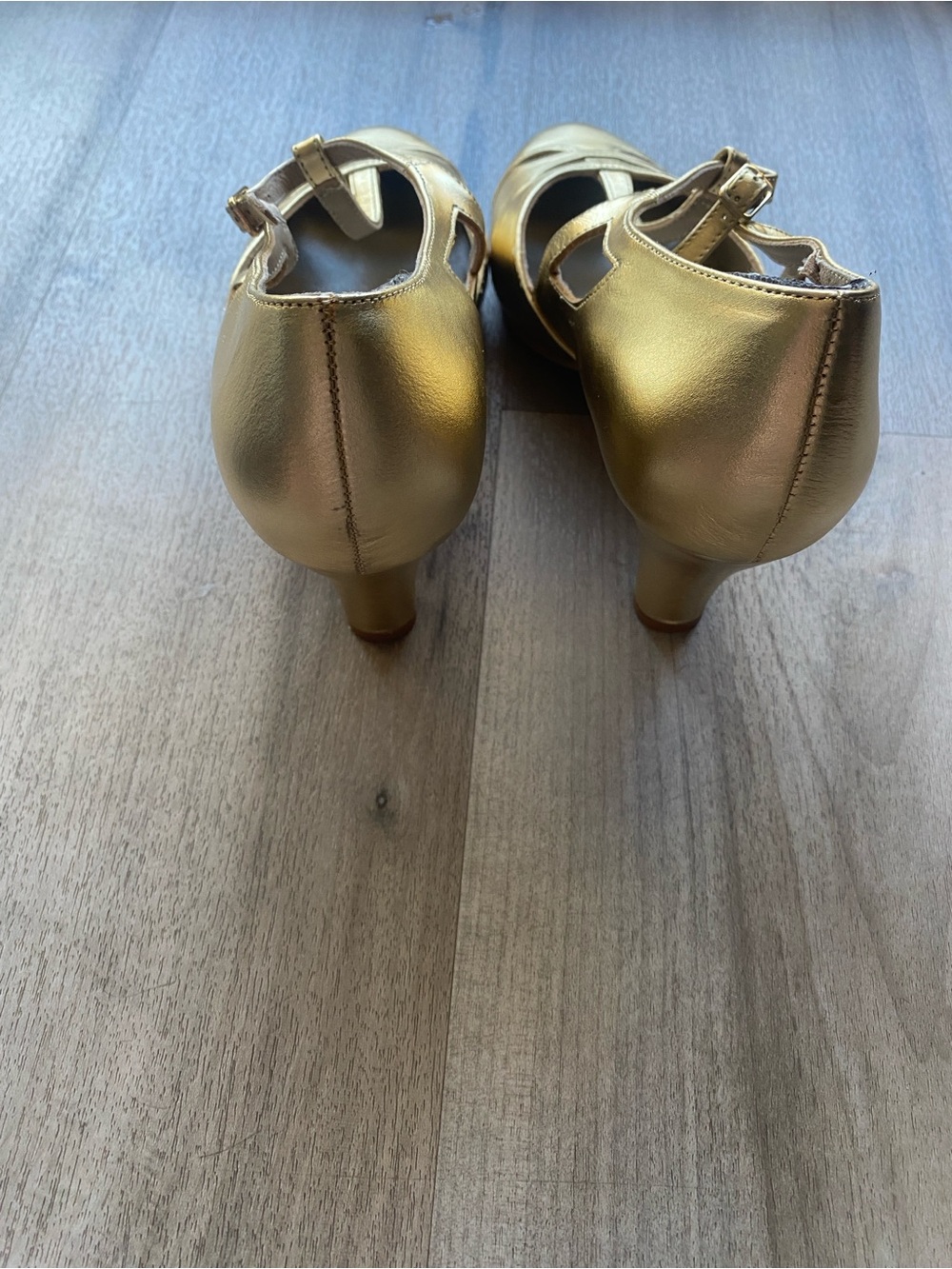 Metallic Gold T-Strap Heels - Picture 2 of 5